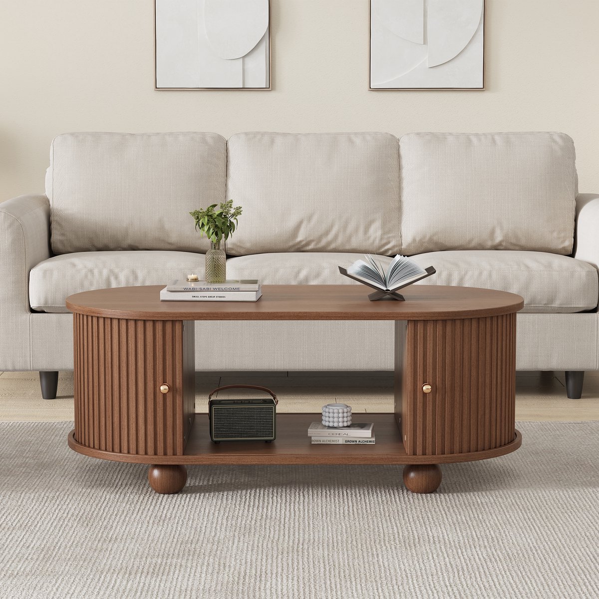 MODFU Salontafel 100×50×40 cm – Ovaal design met 360° schuifdeuren – Opbergruimte & 30 kg draagvermogen – Walnoot MDF – Moderne woonkamer tafel