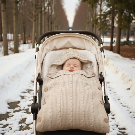 Caramini Gebreide Baby Slaapzak & Voetenzak - Wikkeldeken met Fleece Voering - Voor Buggy, Kinderwagen en/of Box - Beige — afbeelding 4