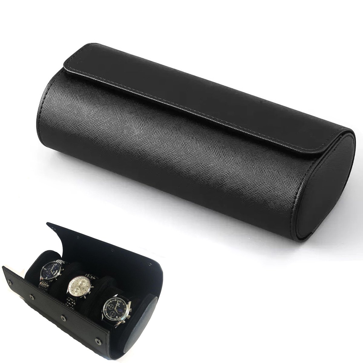Horloge-organizer met 3 sleuven - Oprolbare opbergdoos voor horloges - Reishorlogebox van leer - Met uitneembare horlogepad - Horlogedisplaybox - Compact en draagbaar - Perfect voor horlogeliefhebbers - Zwart