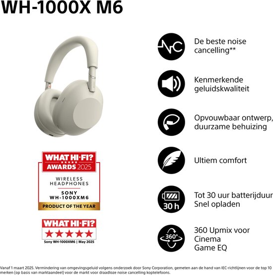 Sony WH-1000XM6 - Casque sans fil à réduction de bruit - Argent