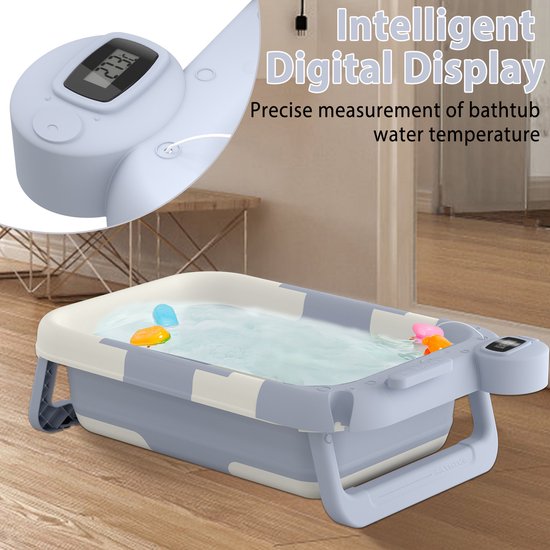 Babybadje Babybadje Badkuip Opvouwbaar Ergonomisch badje Kinderbadje Met badmat Cijferdisplay + badmat Voor pasgeborenen, lichtblauw + wit — afbeelding 3