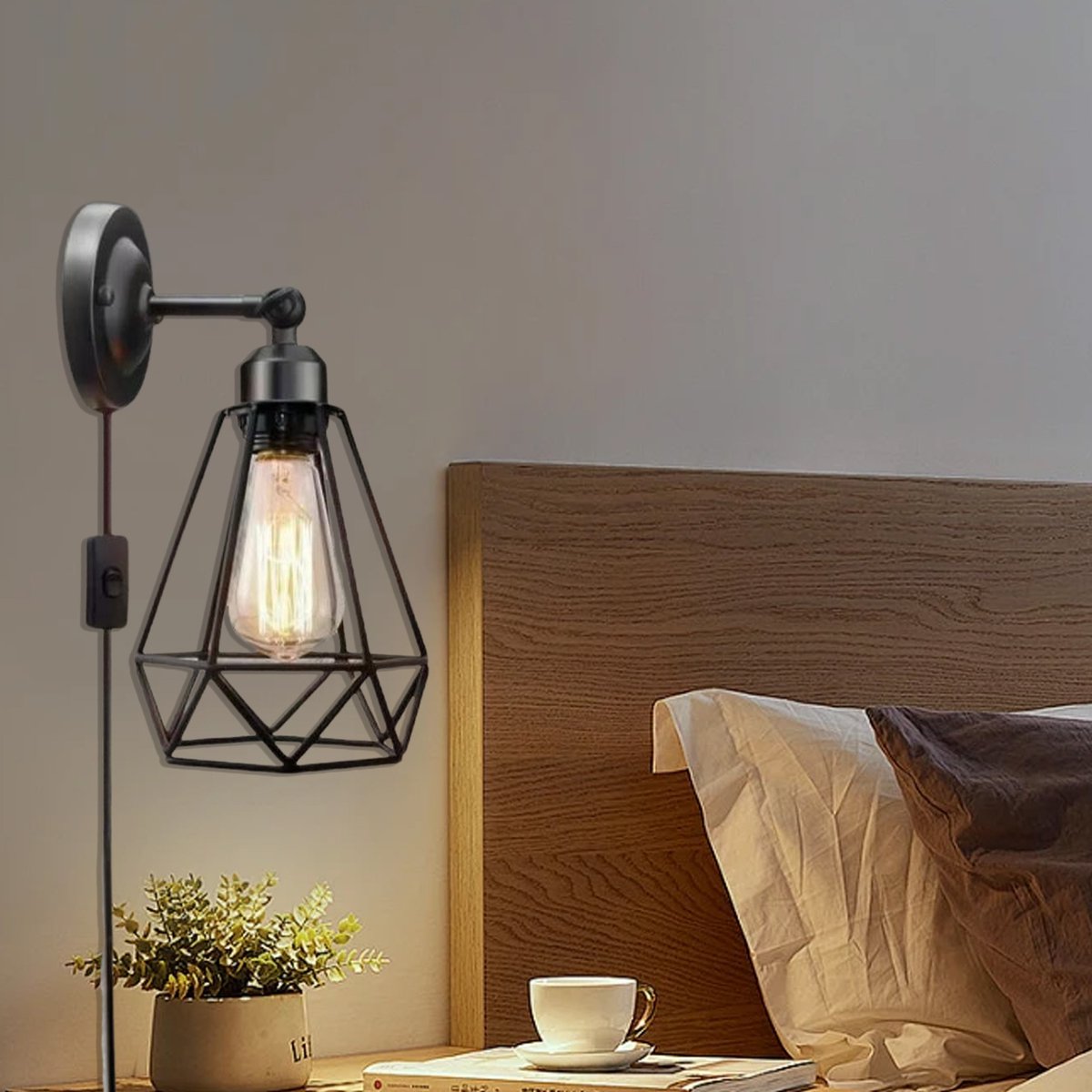 CHIWIN Wandlamp met Schakelaar - Verstelbare Zwarte Wandlamp E27 - Sfeerverlichting voor Slaapkamer, Woonkamer en Gang - Geen Montage - Zwart