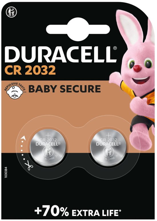 Verpakking met 2 Duracell CR 2032 batterijen. Baby Secure met 'repulsive taste'. Zilverkleurig met roze konijn.