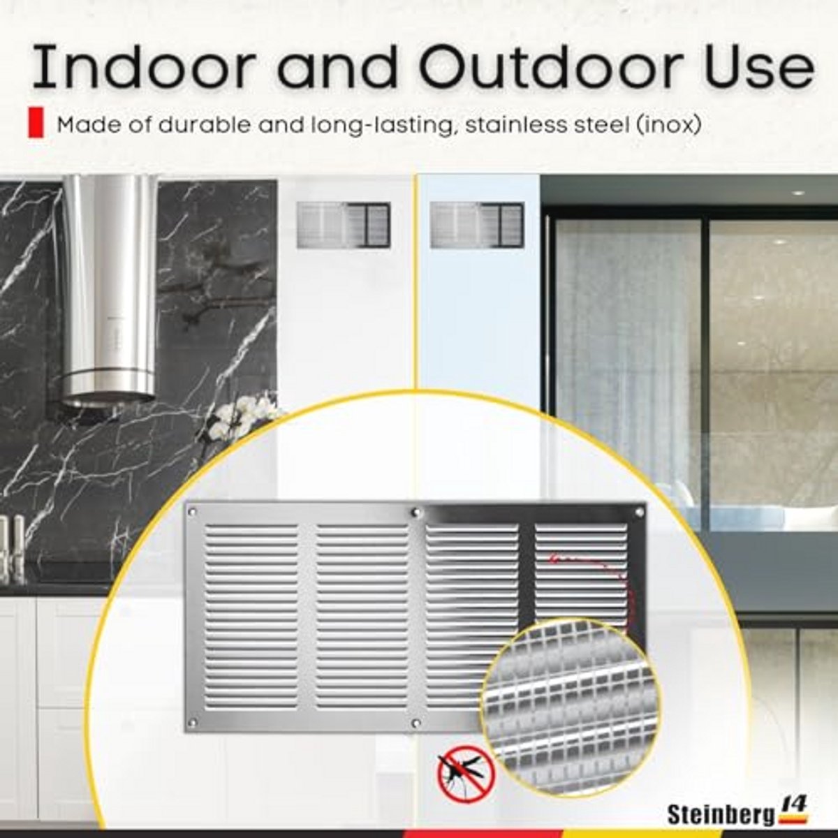 Roestvrijstalen Ventilatierooster 400 x 200 mm met Insectengaas - Perfect voor Badkamers, Keukens en Meer