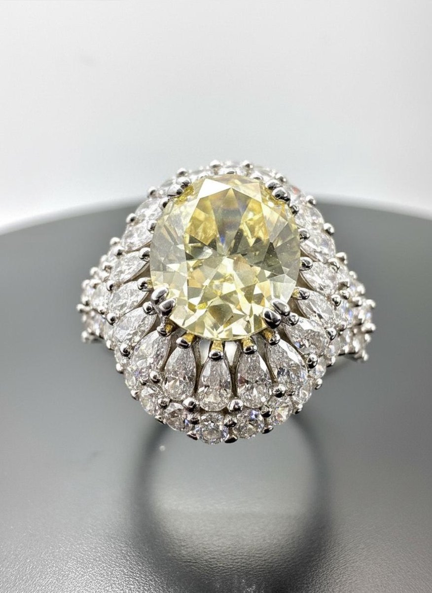 Zilveren Ring 925 Dames met Ovale Gele Zirconia Steen – Luxe Vintage Cocktailring met Sprankelende Diamantlook