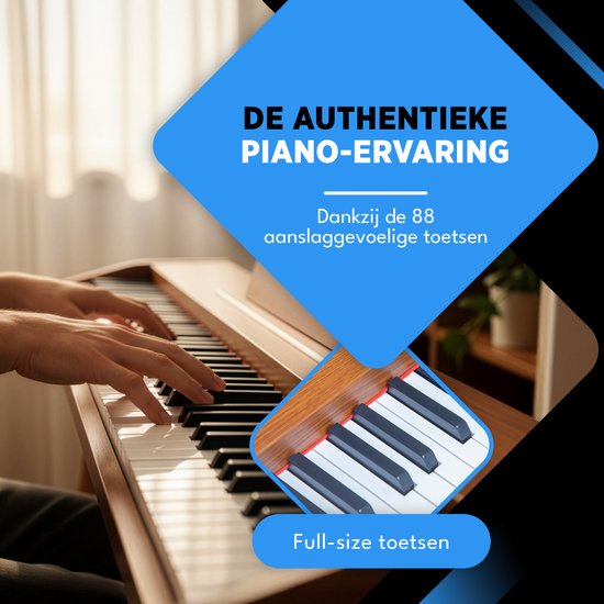 Handen van een persoon die een digitale piano met houten afwerking bespeelt. 88 aanslaggevoelige toetsen.