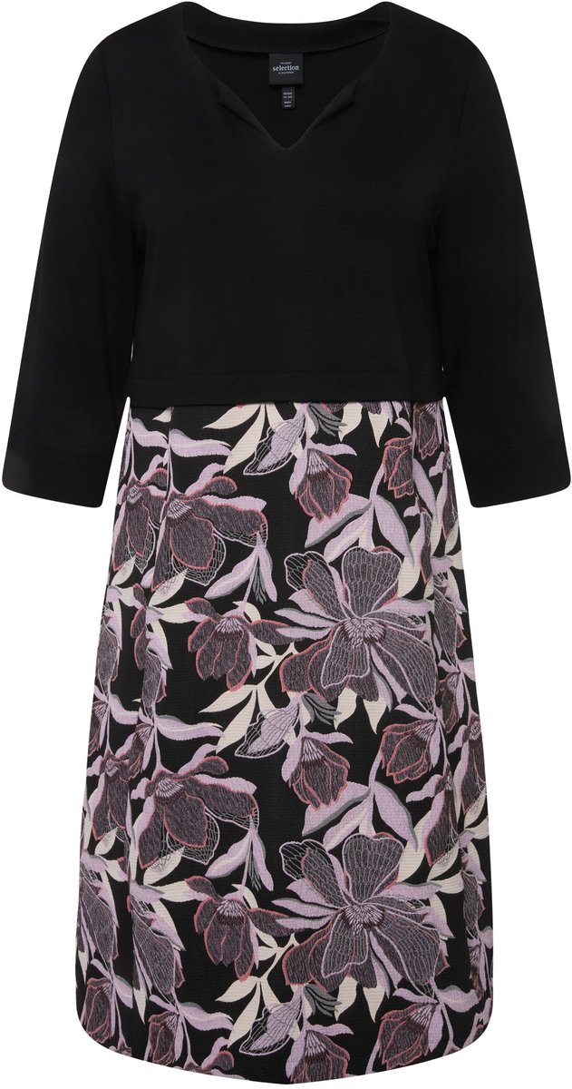 Ulla Popken Dames - Jurk materiaalmix tuniekhals 3/4-mouwen - Zwart - Maat 50+
