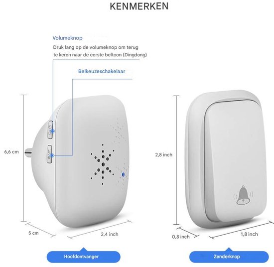 Ynkkvre - deurbel - draadloze stekker deurbel zonder batterij - waterdicht, 150 meter bereik, 38 ringtones, 4 volumeniveaus, LED-flits — afbeelding 5