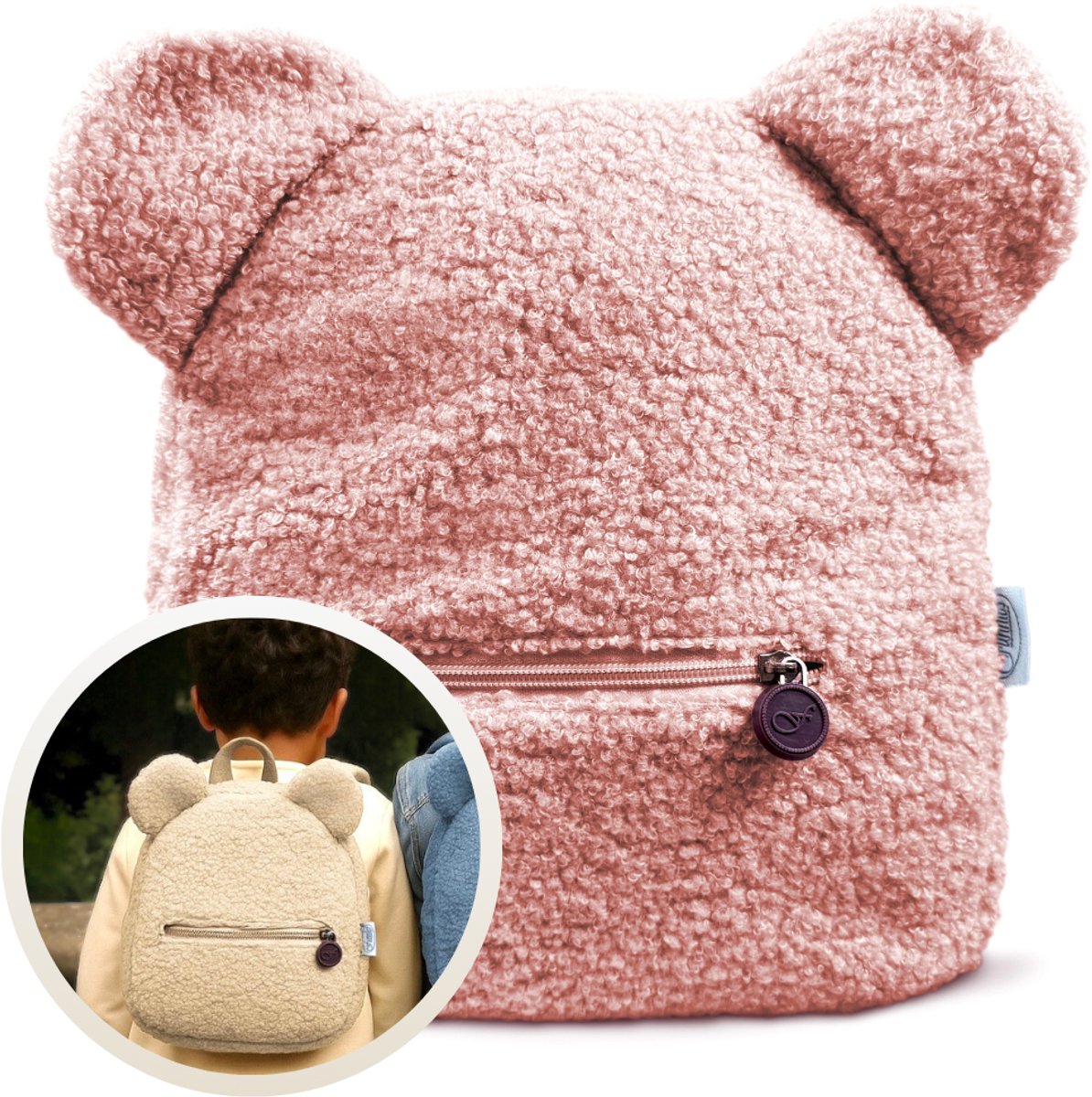 Funnies Rugzak Teddy met Oortjes Roze - Peuterrugzak voor Jongens & Meisjes - Zachte Teddy Stof - Licht & Comfortabel - Ideaal voor School, BSO & Dagje Uit