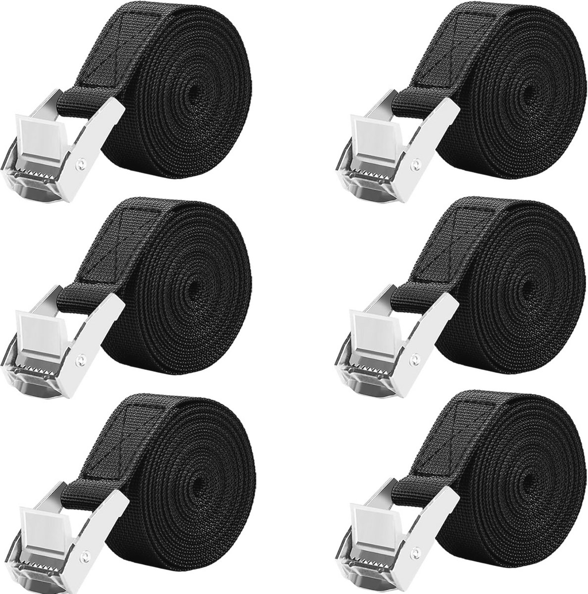 Spanbanden 2,5 m - 6 stuks, Sjorbanden met Ratel tot 250 kg - Zwart