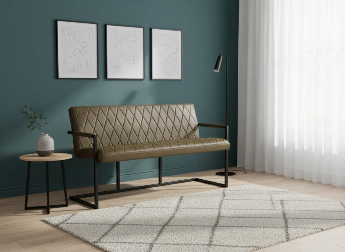 Eetkamerbank Industrieel Denmark Luxe – Microvezel Army Groen – 155×62×86 cm – Ruitpatroon – Metalen Sledeframe – Altameubel