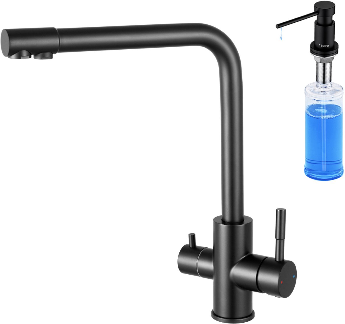 SOFETIY MAX 3-weg Keukenkraan met 2 Hendels - Met Zeepdispenser 300ML - Keukenmengkraan met Warm en Koud Water en Gezuiverd Water