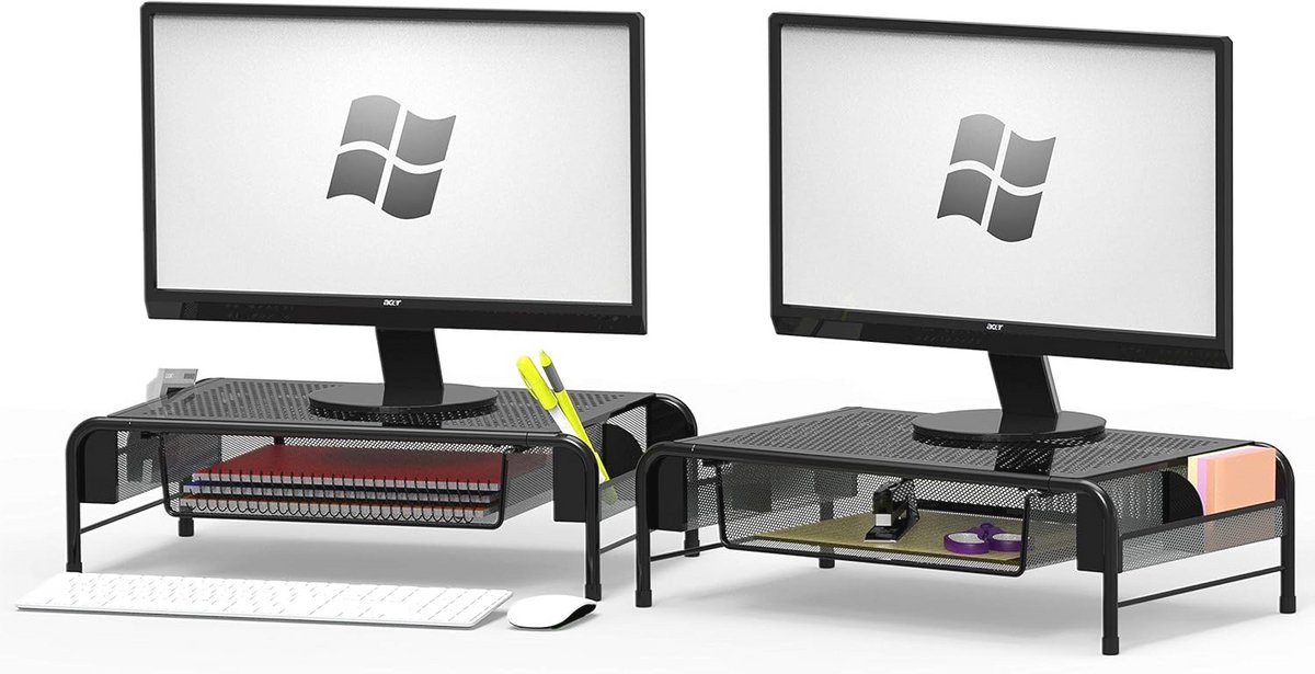 Metalen Bureau Monitor Stand Riser met Organizer Lade - 2PK