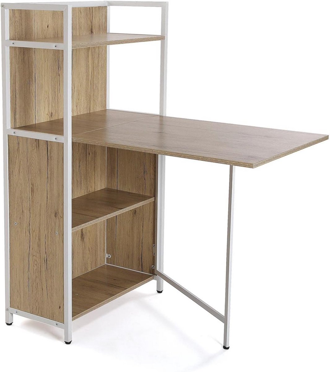Inklapbare Eettafel met Schappen voor Keuken, Tuin en Eetkamer - 120 x 30 x 62 cm, Hout en Metaal, Bruin en Wit