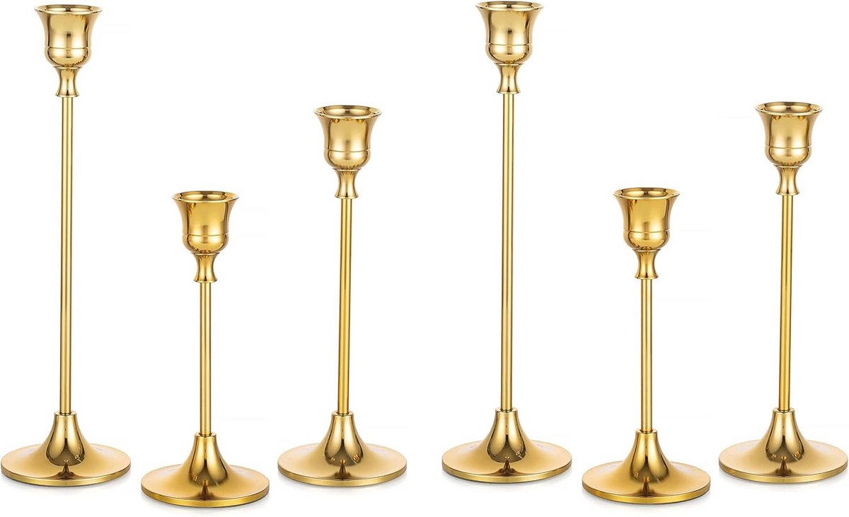 Decoratieve Kaarsenhouders Set van 6 voor Taper Kaarsen - Gouden Metalen Kandelaar voor Welkom in Huis, Feestjes en Eettafel