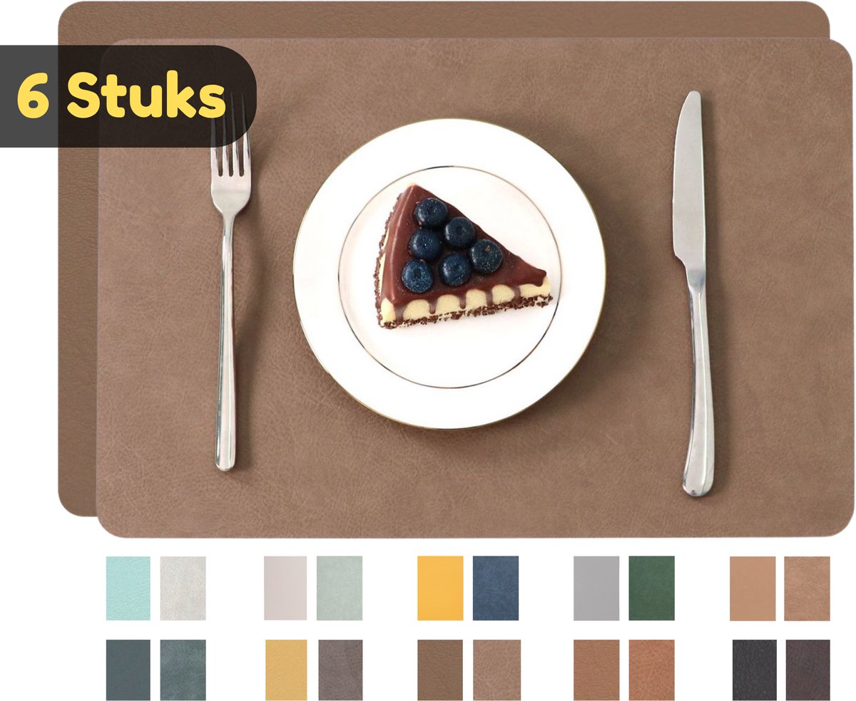 Placemats – Set van 6 – Dubbelzijdig en Antislip – Waterafstotende Onderleggers van Kunstleer Lederlook – Onderzetters – 45 x 30 cm– Koffiekleur