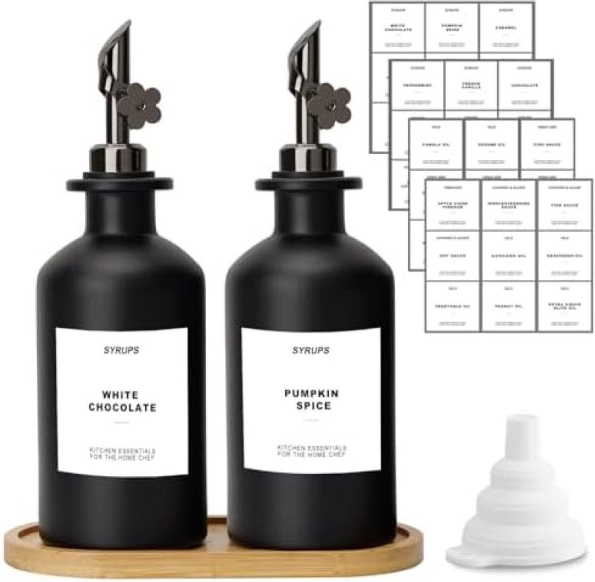 PromoHome Olijfolie Dispenser Set - 2 Zwarte Glasflessen met Schenktuit en Bamboe Houder