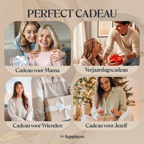 Collage van vier afbeeldingen die cadeaus voorstellen voor Moeder, Verjaardag, Vrienden en Jezelf.