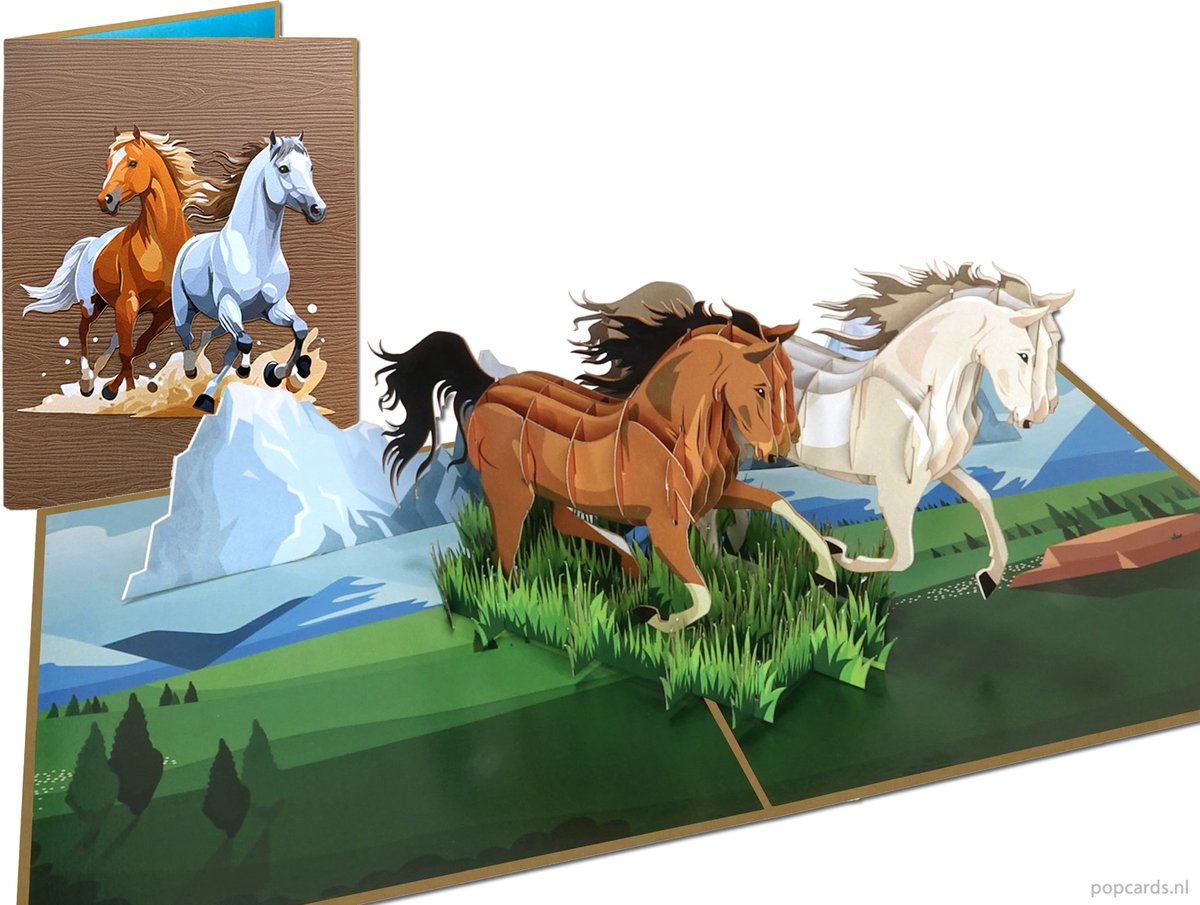 Popcards.nl pop-up kaart - Schitterende Galopperende Paarden in Prachtig Landschap Paard Paardenliefhebbers Dieren Wenskaart 3D kaart