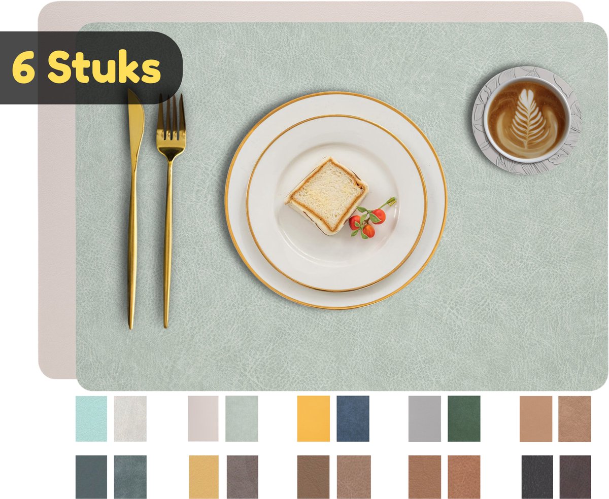 Placemats – Set van 6 – Dubbelzijdig en Antislip – Waterafstotende Onderleggers van Kunstleer Lederlook – Onderzetters – 45 x 30 cm – Avocadogroen / Lichtgrijs