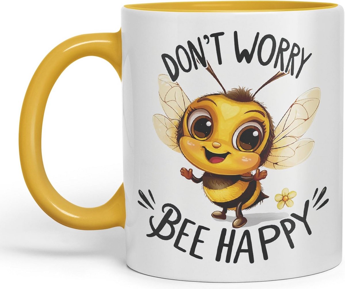 Keramische gekleurde mok met sarcastische 'Don't Worry Bee Happy' tekst – 330ml