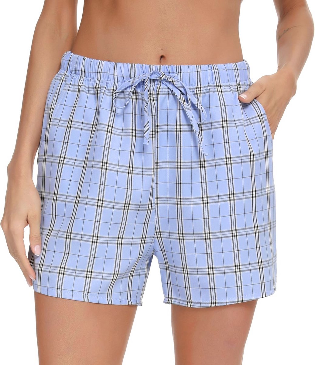 Dames Plaid Katoen Slapen Shorts met Zakken en Koord