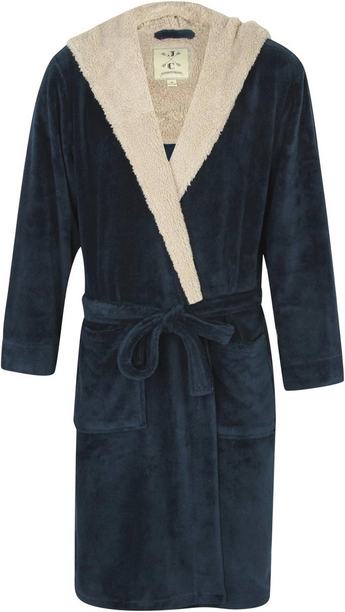 Fleece Ochtendjas Met Capuchon - Blauw/Lichtgrijs