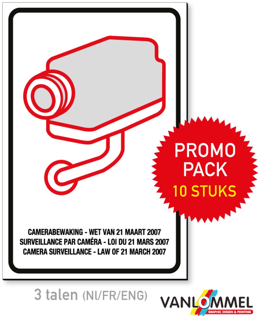 Pictogrambord Camerabewaking – Wetgeving 21 maart 2007 – 20 × 30 cm – Voordeelpack 10 stuks – Drietalig NL / FR / ENG – Wettelijk Verplicht