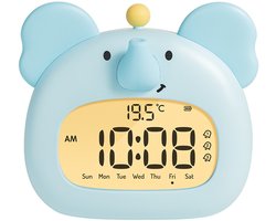 3-in-1 Digitale Kinderwekker - Draadloze Slaaptrainer en Dimbaar Nachtlampje - USB-C Oplaadbaar met Snooze Functie - BPA Vrij Veilig - Week/Weekend Alarm voor Jongens en Meisjes - Olifant
