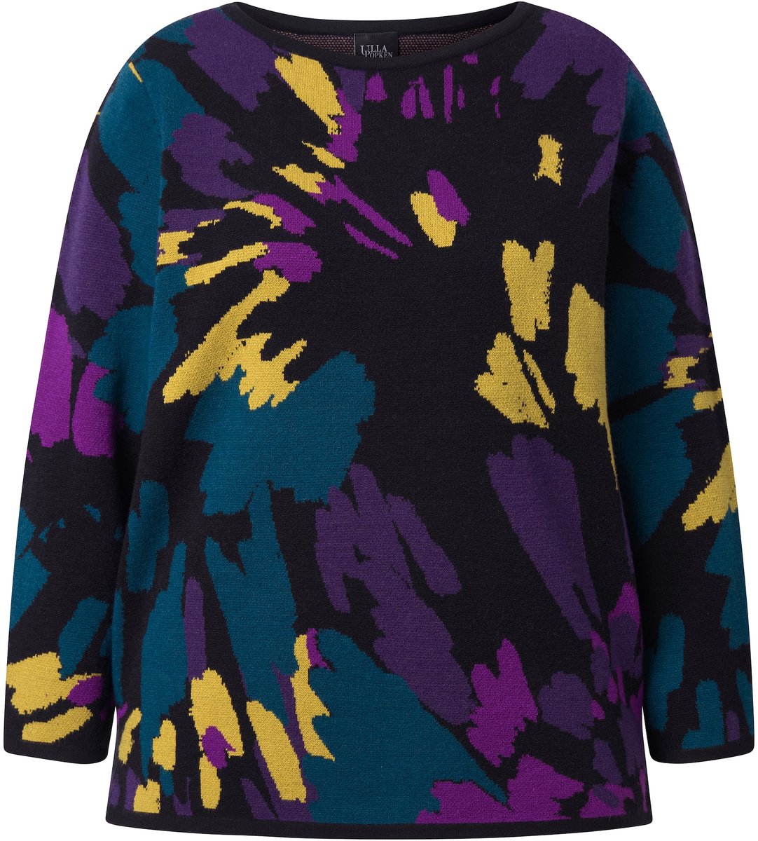 Ulla Popken - Dames - Trui jacquardmotief boothals lange mouwen - Zwart - Maat 58+