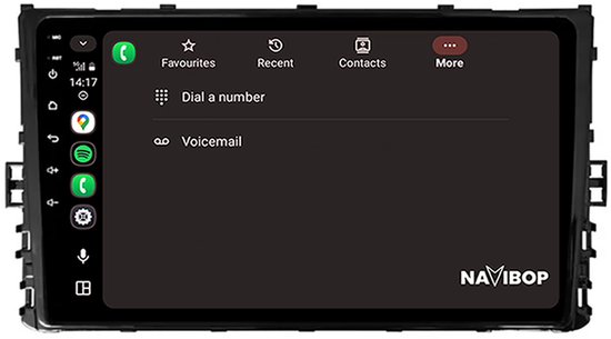 Autoradio Navibop avec menu téléphone : Favourites, Recent, Contacts, More, Dial a number, Voicemail.