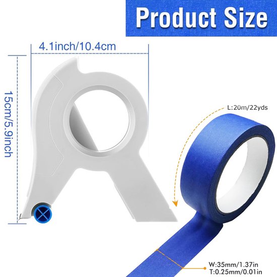 Wit tape applicatorkit met afmetingen 15 x 10,4 cm. Een rol blauwe tape is naast de kit te zien, met de tekst L:20m/22yds.