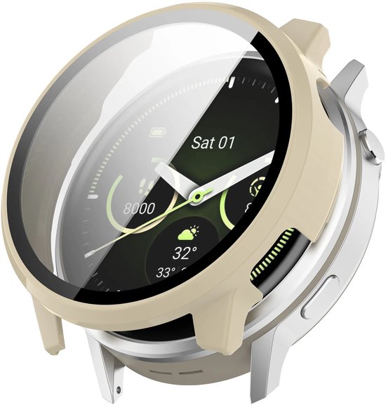 Beige hardcase met glazen scherm protector, geplaatst op smartwatch met scherm 'Sat 01'.