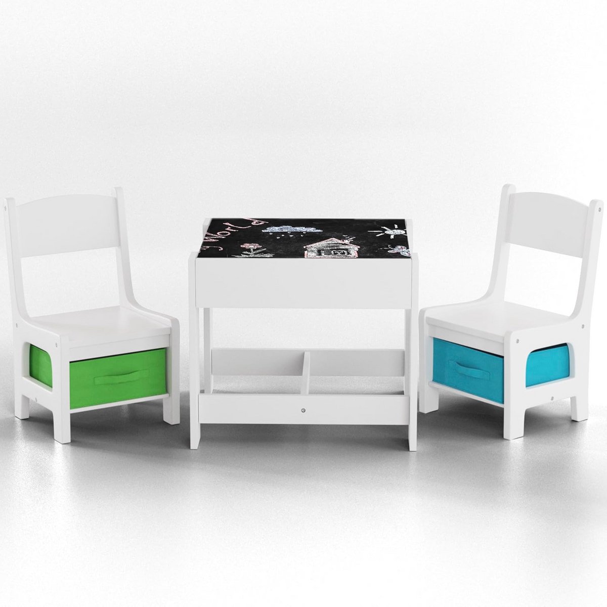 Multifunctionele Houten Kinderzitgroep met Tafel en 2 Stoelen