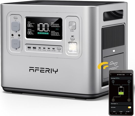 AFERIY Powerstation 2400W 2048Wh - 13 uitgangspoorten - 10 jaar batterijduur - 10 ms UPS - 35 dB fluisterstille werking - zilver