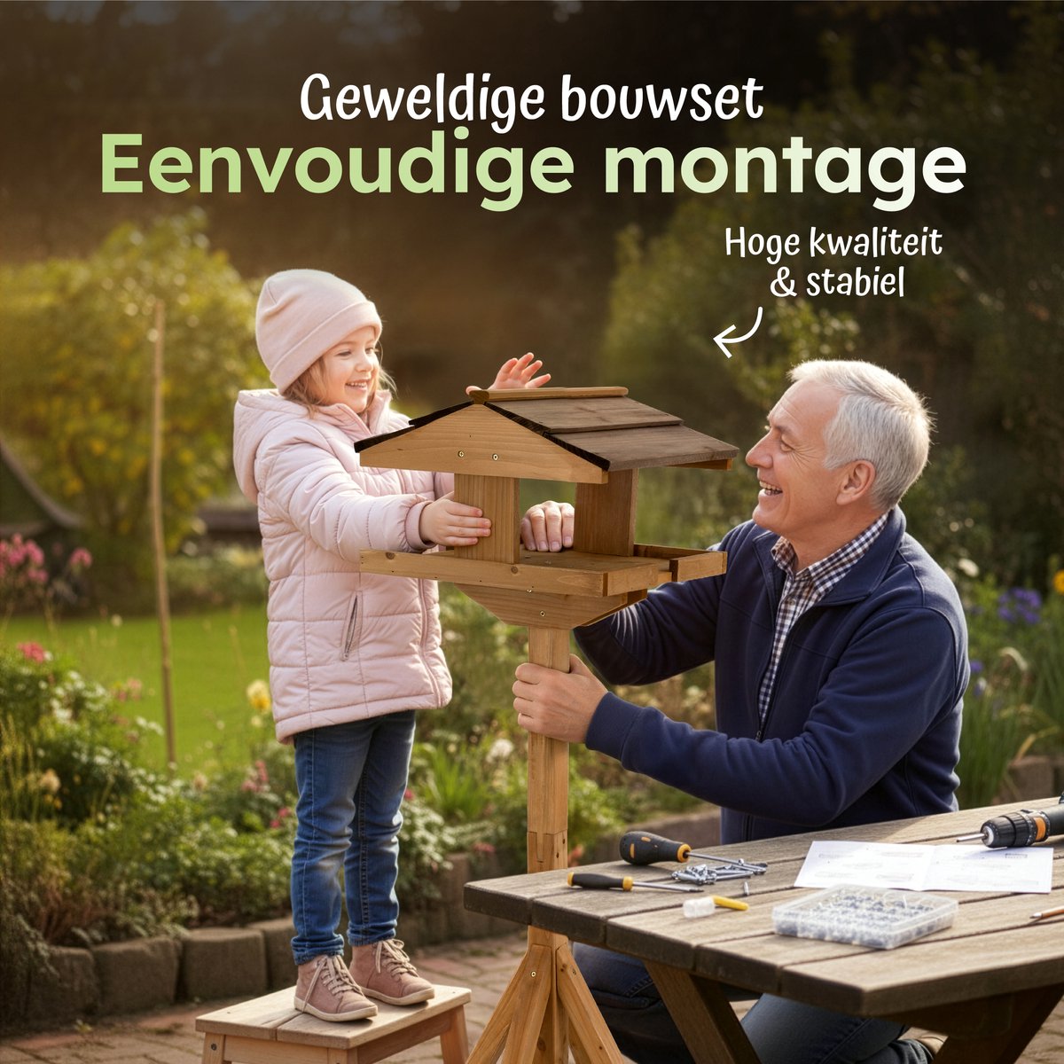 Moorland Houten Voederhuisje Op Paal 101 Cm - Open Vogelhuisje Met Groen Bitumendak