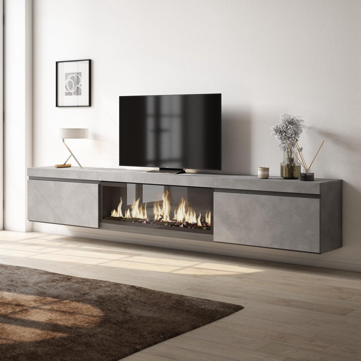 Moderne Hangende Lowboard TV-meubel met XXL Elektrische LED Open Haard, Grote Opslagruimte, Cementkleur, 267x45x35 cm – Voor Woonkamer en Eetkamer – Voor Grote TV – Altameubel