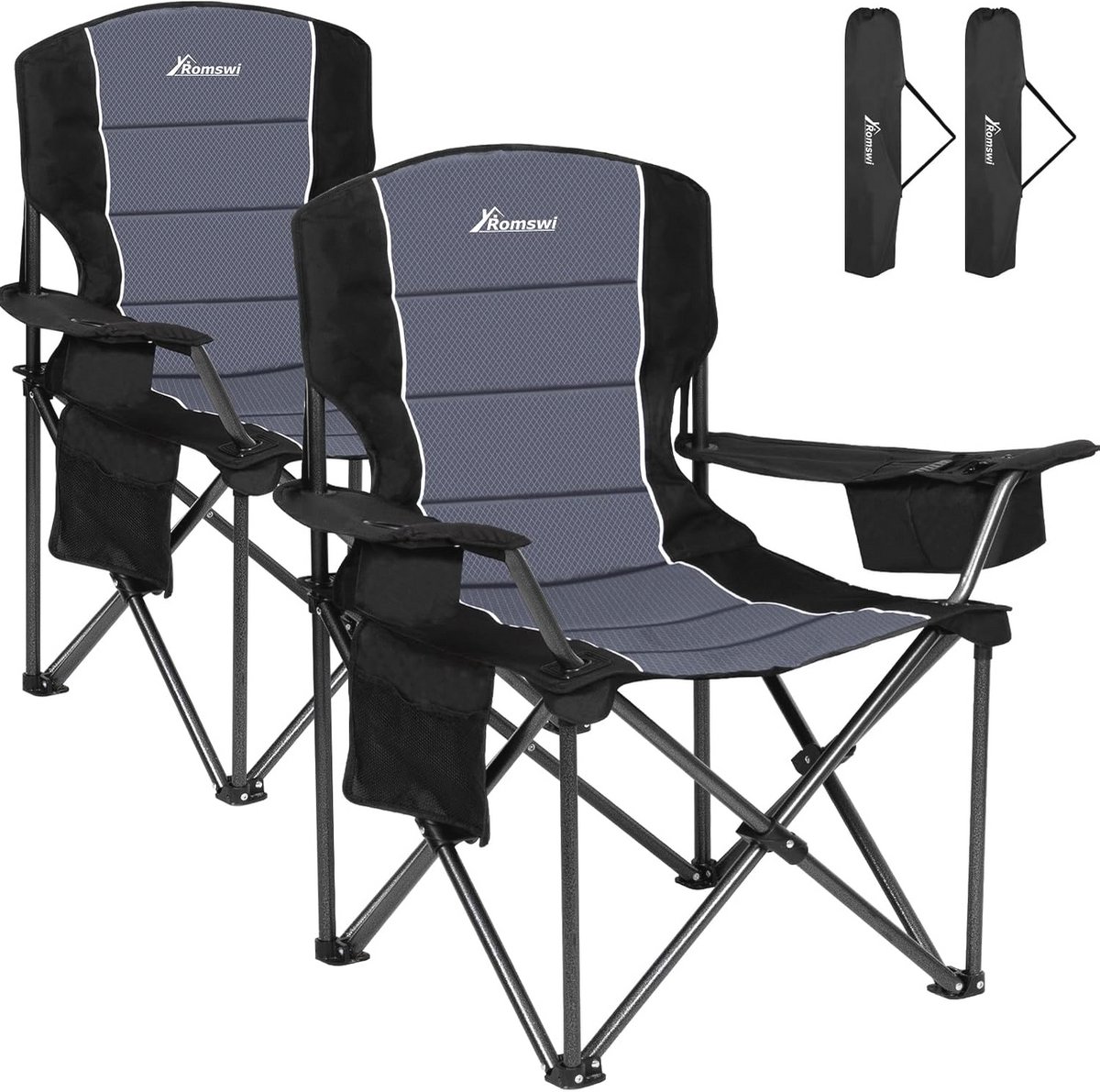 Extra grote campingstoelen met hoge ondersteuning, onmisbare opvouwbare tuin- en visstoel met bekerhouder en koeltas, set van 2