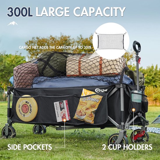 Opvouwbare Bolderkar XXXL - 400 L Capaciteit, 160 kg Belastbaar - Handwagen met Bekerhouder en Zijvak voor Strand, Tuin, Camping en Festivals van Merkloos — afbeelding 3