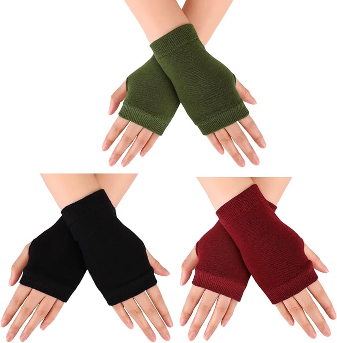 OIMG Handschoenen zonder Vingers - Vingerloze Handschoenen Dames - Gebreide Polswarmers - Vingerloze Handschoenen zonder vingers - Handschoenen winter - Polswarmers - Zonder Vingertoppen - - One Size - zwart, wijnrood, legergroen