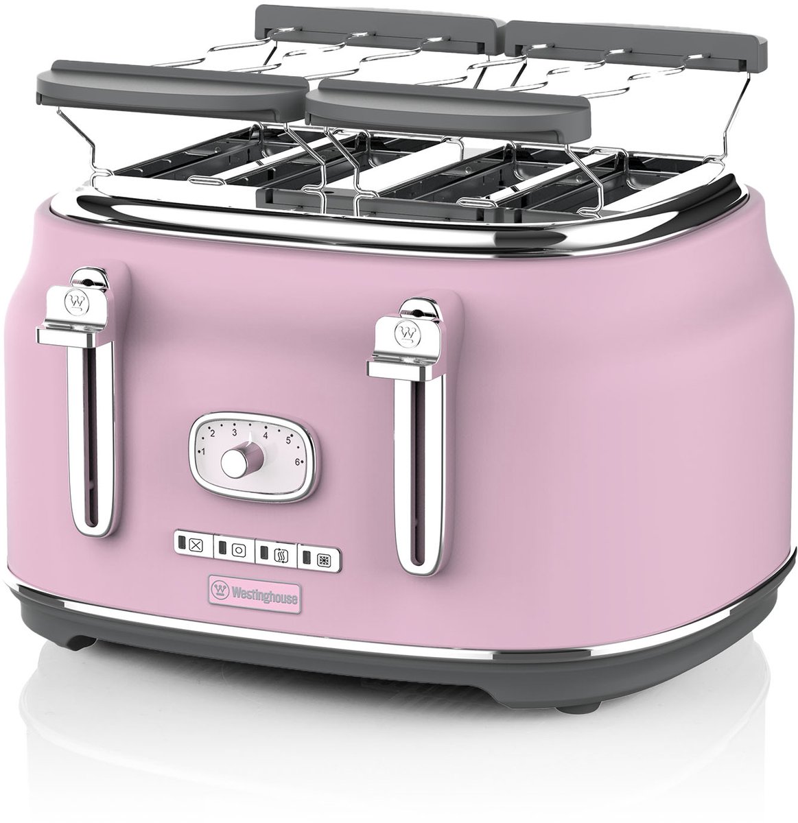 Westinghouse Retro Broodrooster – 4 Sneden – Extra Brede Sleuven – Warmhoudrek – 1750W – Roze