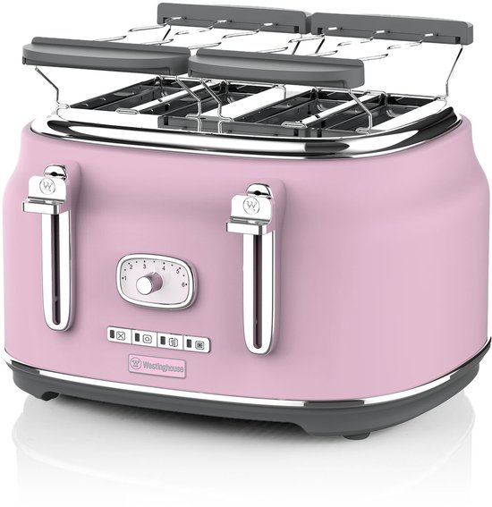 Westinghouse Retro Broodrooster – 4 Sneden – Extra Brede Sleuven – Warmhoudrek – 1750W – Roze