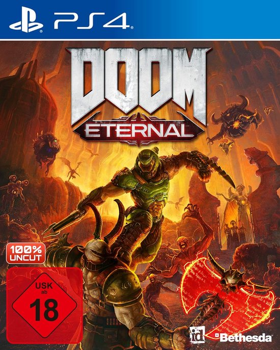 DOOM Eternal PS4-speldoos, 100% uncut, met de Doom Slayer die op een demon springt, omringd door vuur.
