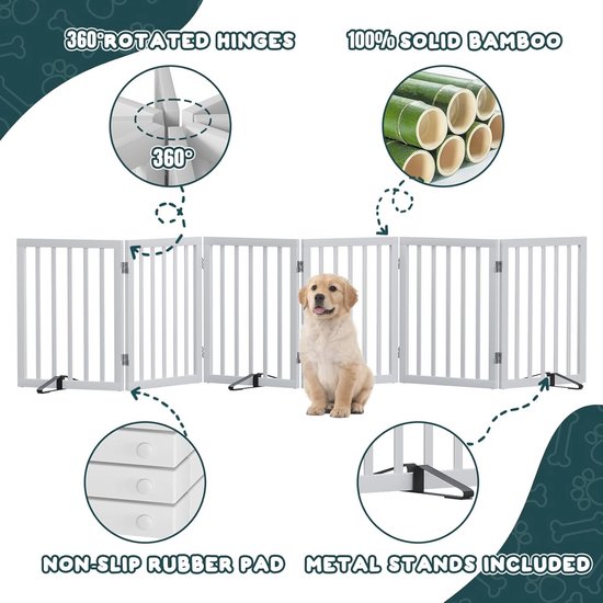 PETMAKER Pet Gate Opvouwbare Hondenhek Met 4 Panelen Voor Trappen Gangen Of Deuropeningen 182 X 51 Cm Intrekbare Houten Vrijstaande Hondenhekken Wit 2848926138