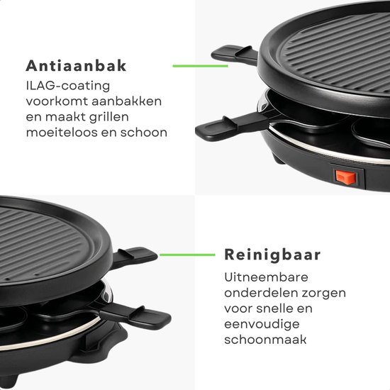 Cheqo® Raclette Grill - 6 Persoons - Stalen Grillplaat - Gourmet - Gourmetten - Antiaanbaklaag - PFAS-Vrij - Anti-Slip Voetjes - Houten Spatels - Eenvoudig Te Reinigen - Compacte Raclette — afbeelding 3