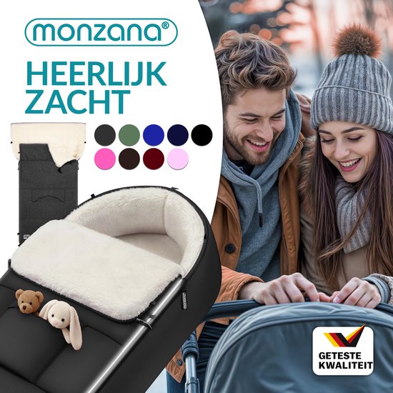 Sac de couchage bébé Monzana noir avec doublure crème, à côté d'un couple dans la neige. Qualité testée.