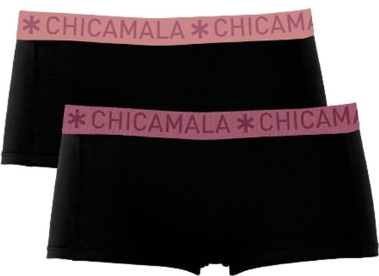 Twee zwarte boxer shorts voor dames van CHICAMALA, met roze tailleband met logo.