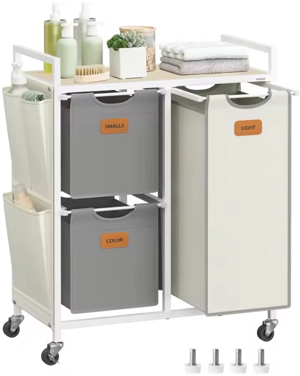Wasmand 100L met 3 Vakken & Wielen – Metalen Frame met Houten Bovenblad – Inclusief 3 Zijvakken – Uitneembare Waszakken – Was Sorteren – Wit/Grijs