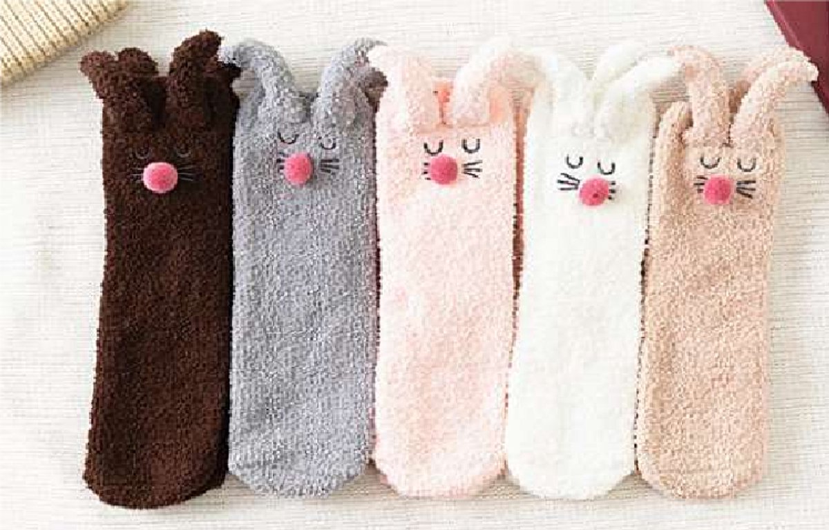 Fluffy sokken dames - 2 paar - mix - huissokken - roze - zalm - leuke print konijn - met oren - 36 - 40 - cadeau voor haar - vrouwen sokken - extra zacht - kerstcadeau - verjaardagsacdeau