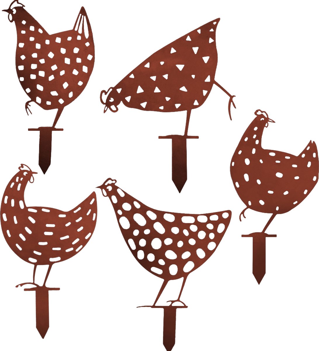 Capra Design – Kippenfamilie set van 5 kippen – Cortenstaal op Steker – Tuindecoratie – Roestkleurig Dierenbeeld voor Tuin & Border – Duurzaam